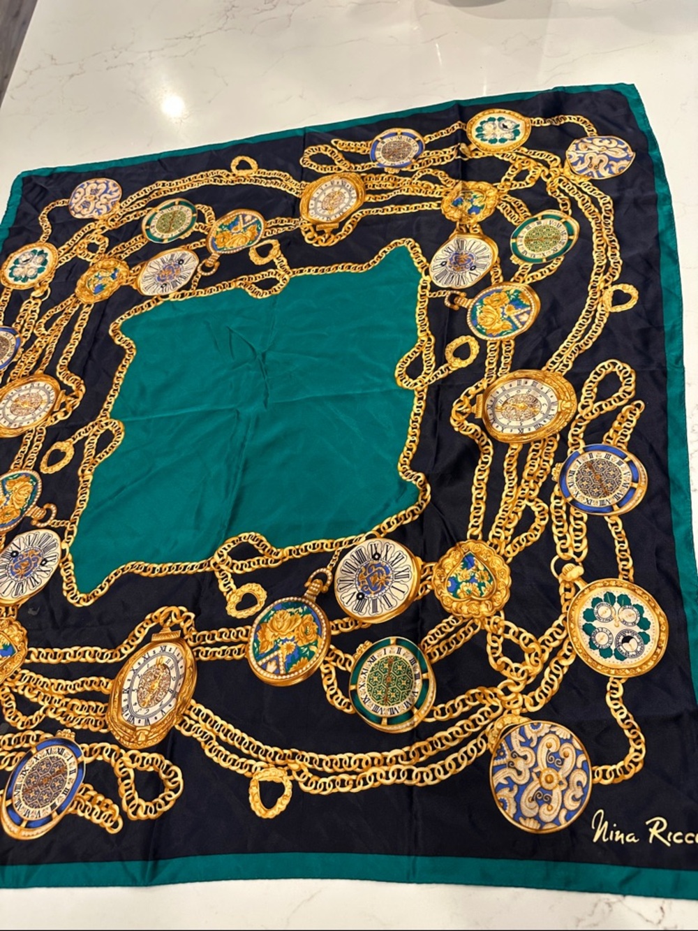 Nina Ricci Green, Black & Gold Chain Medallion Silk Scarf